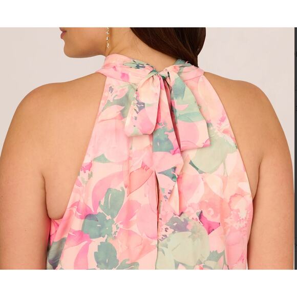 Adrianna Papell Floral Print Chiffon Halter Mock Neck Dress Blush Multi, Plus 16 - Picture 5 of 7